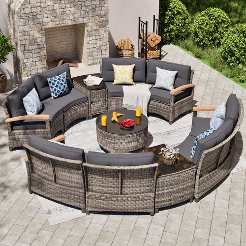 11 Piece Outdoor Patio Furniture Set, Half-Moon Curved Sectional Set with Wood Armrests, Patio Conversation Set for Porch,Deck,Balcony (Grey)