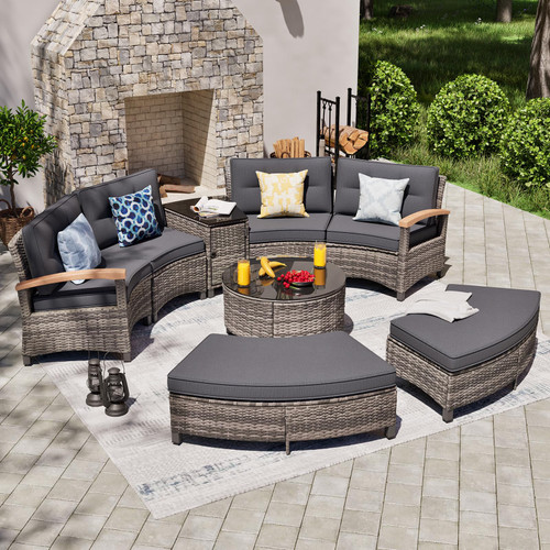 8 Piece Outdoor Patio Furniture Set, Half-Moon Curved Sectional Set with Wood Armrests, Patio Conversation Set for Porch,Deck,Balcony (Grey)