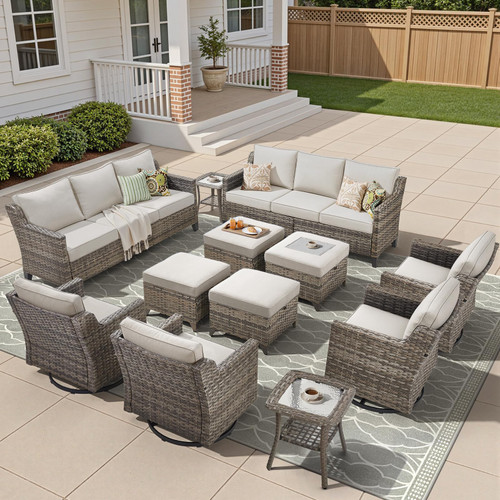 12 Piece Patio Furniture Set-High Back Outdoor Furniture Set Sectional Sofa with Wicker Swivel Patio Chairs,Comfy Cushions Ottomans for Porch Balcony Patio Deck Grey/Beige