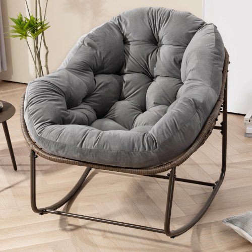 Oversized Papasan Rocking Chair - Outdoor Luxury Comfy Patio Chair Indoor Egg Royal Rattan Rocking Chair with Cushion for Front Porch Lounge Lawn Bedroom Living Room (Grey Velvet)