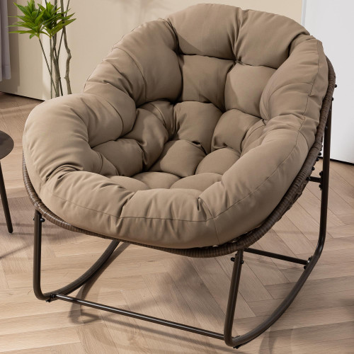 Oversized Papasan Rocking Chair - Outdoor Luxury Comfy Patio Chair Indoor Egg Royal Rattan Rocking Chair with Cushion for Front Porch Lounge Lawn Bedroom Living Room (Khaki)