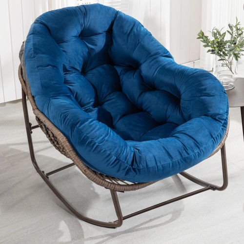 Oversized Papasan Rocking Chair - Outdoor Luxury Comfy Patio Chair Indoor Egg Royal Rattan Rocking Chair with Cushion for Front Porch Lounge Lawn Bedroom Living Room (Blue Velvet)