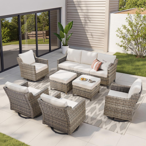Outdoor Patio Furniture Set-7 Pieces All-Weather Wicker Outdoor Furniture with Swivel Patio Chairs Outdoor Patio Conversation Sets for Garden Porch Deck Grey/Beige