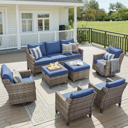 7 Piece Outdoor Patio Furniture Set-All Weather Outdoor Conversation Sets Sectional Sofa with Wicker Swivel Rocker Patio Chairs,Thick Cushions Ottomans for Porch Balcony Patio Deck Grey/Blue