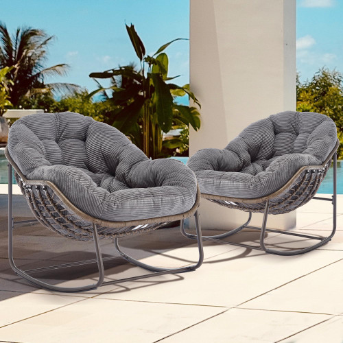Oversized Papasan Rocking Chair - Outdoor Luxury Comfy Patio Chair Set of 2, Indoor Egg Royal Rattan Rocking Chair with Strip Velvet Cushion for Front Porch Lounge Bedroom Living Room (Grey)