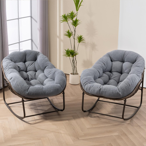 Oversized Papasan Rocking Chair - Outdoor Luxury Comfy Patio Chair Set of 2 Indoor Egg Royal Double Rattan Rocking Chair with Cushion for Front Porch Lounge Lawn Bedroom (Grey Teddy)