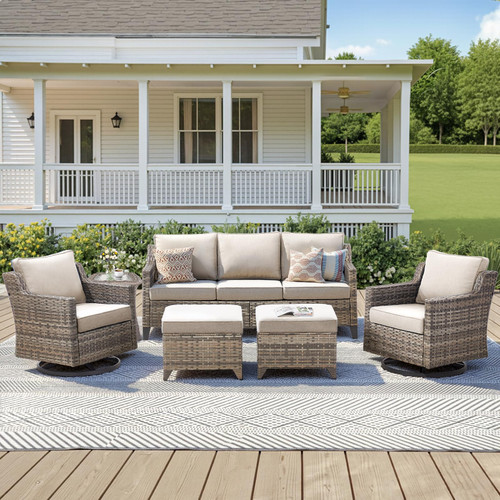 6 Piece Outdoor Patio Wicker Furniture Sets-High Back Outdoor Conversation Set Sectional Sofa with Wicker Swivel Rocker Patio Chairs,Thick Cushions Ottomans for Porch Balcony Patio Deck Grey/Beige