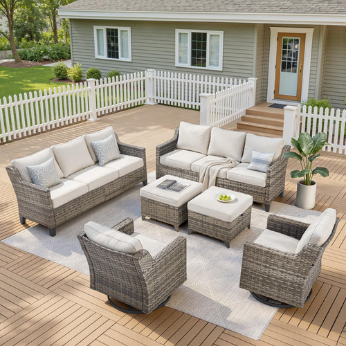 Wicker Patio Furniture Set-6 Piece High Back Outdoor Furniture Set Sectional Sofa with Wicker Swivel Rocker Patio Chairs,Thick Cushions Ottomans for Porch Balcony Patio Deck Grey/Beige