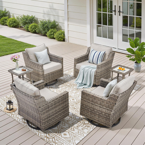 Patio Wicker Chairs Swivel Rocker-Outdoor Swivel Rocker Chair Set of 4 with All Weather Wicker Glider Rocker Set, PE Rattan Swivel Rocking Chair with 2 Side Table for Balcony Deck Porch Grey/Beige