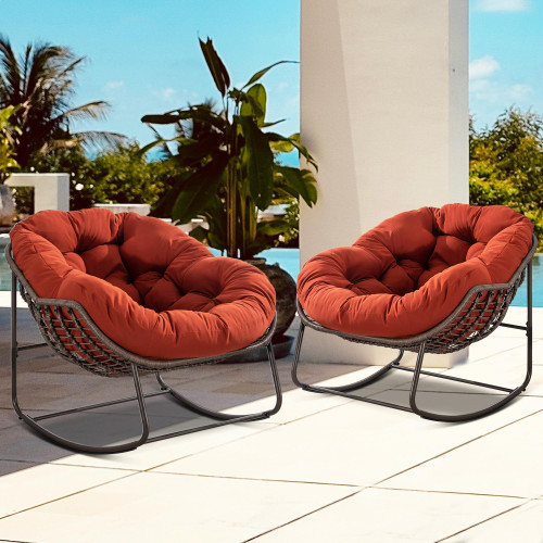 Oversized Papasan Rocking Chair - Outdoor Luxury Comfy Patio Chair Set of 2 Indoor Egg Royal Double Rattan Rocking Chair with Cushion for Front Porch Lounge Lawn Bedroom (Orange)