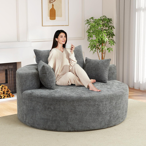 Oversized Round Chaise Longue Chair Indoor, Modern 55-inch Upholstered Waffle Chenille Deep Seat Circle Single Cloud Lounge Floor Sofa Chair for Living Room, Bedroom Apartment, Grey