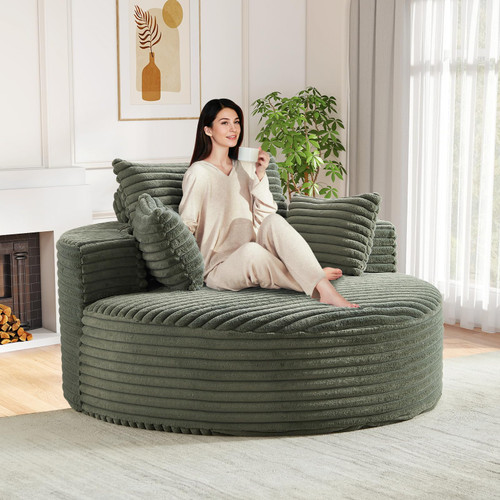 Oversized Round Chaise Longue Chair Indoor, Modern 55-inch Upholstered Corduroy Deep Seat Circle Single Cloud Lounge Floor Sofa Chair for Living Room, Bedroom Apartment, Green