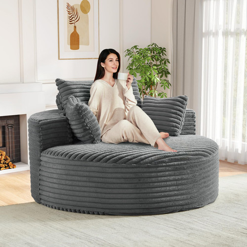 Oversized Round Chaise Longue Chair Indoor, Modern 55-inch Upholstered Corduroy Deep Seat Circle Single Cloud Lounge Floor Sofa Chair for Living Room, Bedroom Apartment, Grey