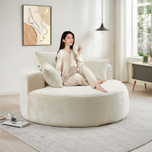 Oversized Round Chaise Longue Chair Indoor, Modern 55-inch Upholstered Chenille Deep Seat Circle Single Cloud Lounge Floor Sofa Chair for Living Room, Bedroom Apartment, Beige