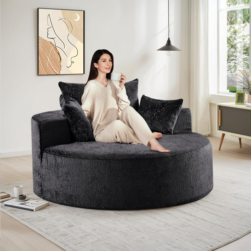Oversized Round Chaise Longue Chair Indoor, Modern 55-inch Upholstered Chenille Deep Seat Circle Single Cloud Lounge Floor Sofa Chair for Living Room, Bedroom Apartment, Black