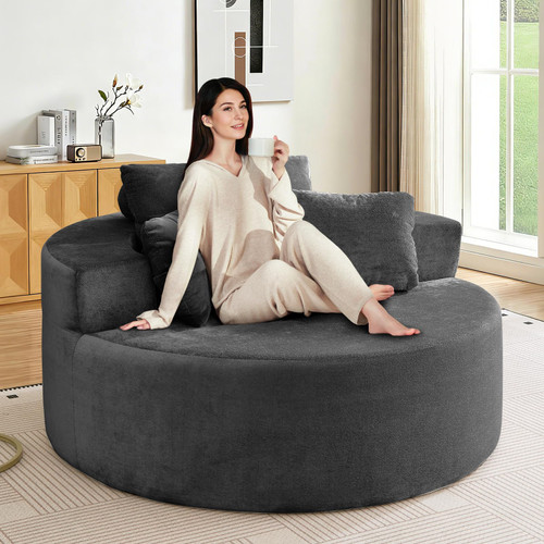 Oversized Round Chaise Longue Chair Indoor, Modern 55-inch Upholstered Terry Fabric Deep Seat Circle Single Cloud Lounge Floor Accent Chair for Living Room, Bedroom Apartment, Grey