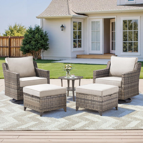 5 Pieces Outdoor Patio Furniture Set-All-Weather Wicker Patio Swivel Glider Chairs with 2 Ottoman and Glass Side Table, Patio Conversation Sets for Porch Balcony Deck - Beige/Grey