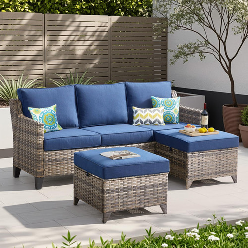 3 Pieces Patio Furniture Sofa Set-Outdoor Wicker Patio Furniture Covered Couch with Multifunctional Ottoman and All-Weather Patio Conversation Set for Backyard Porch Garden Grey/Blue