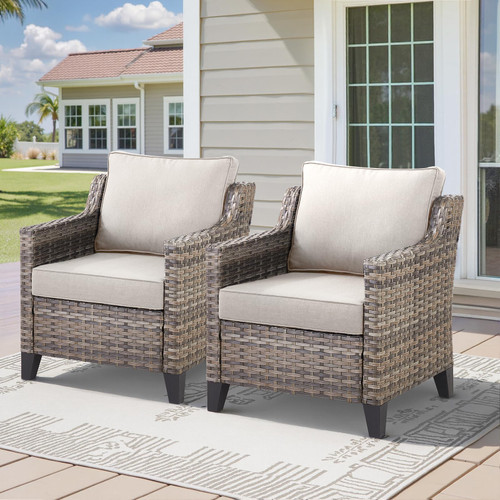 Patio Chairs Set of 2 - All Weather Rattan Wicker Outdoor Chairs with Thickened Cushions for Porch Deck Balcony Garden - Grey/Beige