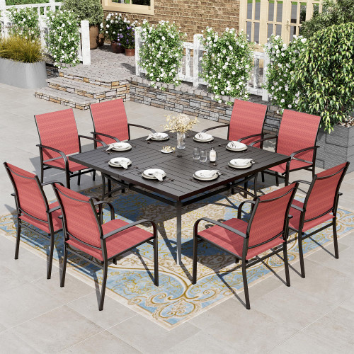 Patio Dining Set 9 Pieces, Outdoor Table and Chairs Set for 8, 8 x Red Textilene Dining Chair, 60" Square Metal Dining Table with 1.57" Umbrella Hole, for Lawn Garden Backyard Deck