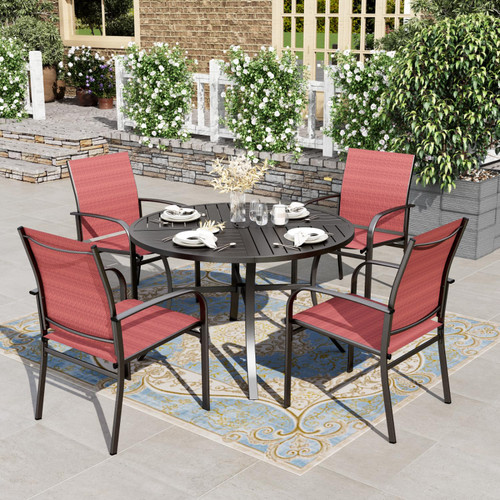5 Pieces Patio Dining Set, Outdoor Table and Chairs Set for 4, 4 x Red Textilene Dining Chair and 42" Metal Round Table for Lawn Garden Backyard Deck