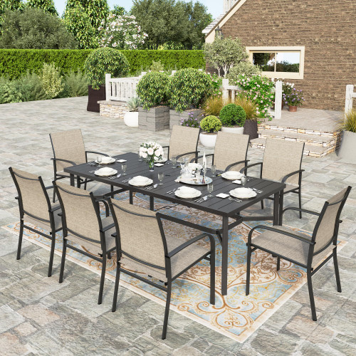 9 Pieces Patio Dining Set, 8 x Brown Textilene Patio Chairs and 1 x 83 Large Rectangle Dining Table, Outdoor Furniture Set for Deck Garden Backyard Lawn Poolside