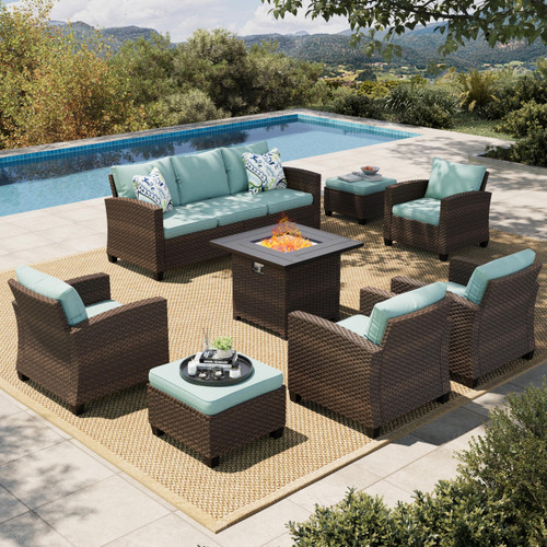 Wicker Patio Furniture Set with Fire Pit, 8 Pieces Outdoor Sectional Conversation Sets, Deep Seating Sofa for Lawn Deck Garden, Blue
