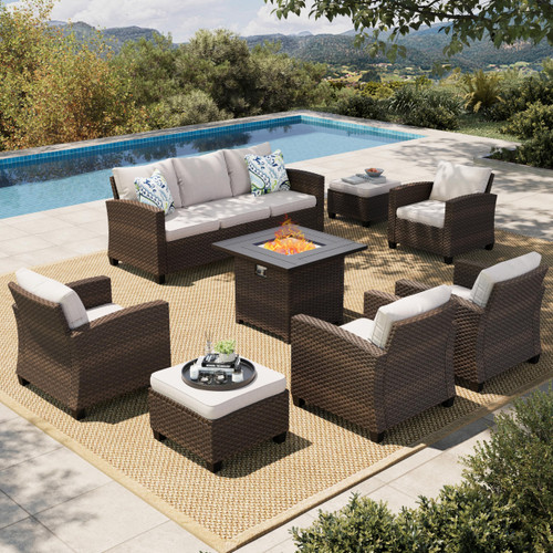 8 Pieces Wicker Patio Furniture Set with Fire Pit Table, 4 x Single Chair, 2 x Ottoman, 3-Seat Sofa and 32" Fire Pit Table, Outdoor Rattan Conversation Set for Garden, Poolside, Backyard
