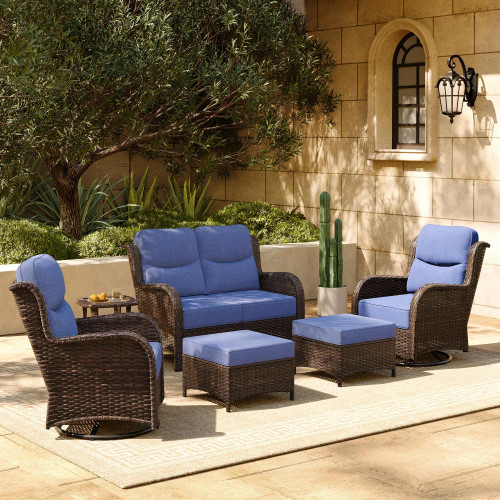 6-Piece Luxury Patio Furniture Set with 6" Thick Cushions, Weather-Resistant Wicker High Back Swivel Rocker Chairs, Senior-Friendly Outdoor Loveseat Set for Deck, Yard and Poolside, Blue(V2)