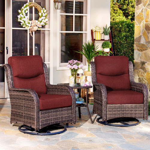 3-Piece Luxury Patio Furniture Set with 6" Thick Cushions, Weather-Resistant Wicker High Back Swivel Rocker Chairs, Senior-Friendly Conversation Set for Small Porch and Deck, Burgundy(V2)