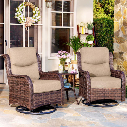 3-Piece Luxury Patio Furniture Set with 6" Thick Cushions, Weather-Resistant Wicker High Back Swivel Rocker Chairs, Senior-Friendly Conversation Set for Small Porch, Deck and Sunroom, Beige(V2)