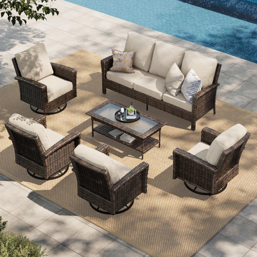 7 Seats Patio Furniture Set, Outdoor Wicker Conversation Set with 5.5" Thick Cushion, 4 x High Back Swivel Patio Chairs with Tempered Glass Table & Couch for Deck Lawn Deck Yard, Beige