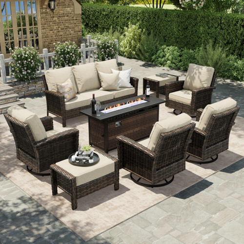 8-Piece Outdoor Furniture Set with Fire Pit Table, Patio Conversation Set with 5.5" Thick Cushions & High Back Swivel Chairs, All-Weather Wicker Deep Seating Sofa with Ottomans, Beige