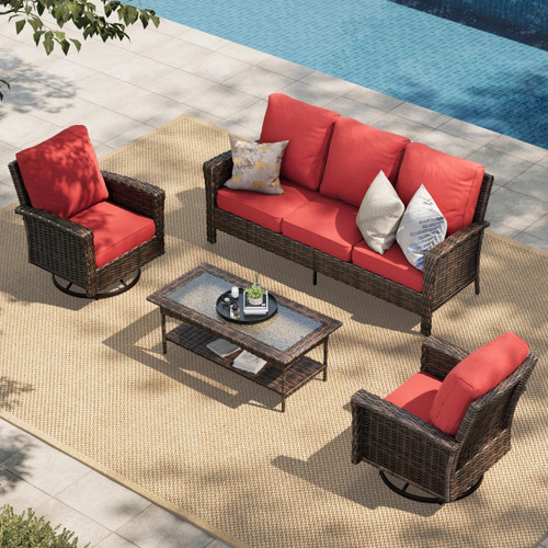 Patio Furniture Set with High Back Swivel Chairs, 4 Pieces Outdoor Wicker Rattan Conversation Sofa Sets with 5.5" Waterproof Thick Cushions for Deck Lawn Yard