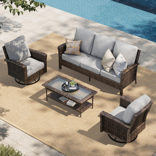 Gray Patio Furniture Set with High Back Swivel Chairs, Comfy Outdoor Wicker Conversation Sofa Sets with 5.5" Waterproof Cushions for Deck Lawn Backyard