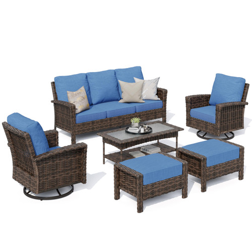 High Back Patio Furniture Set with Swivel Chairs, All Weather Outdoor Wicker Sofa Set, 6 Pieces Patio Conversation Sets with 5.5" Comfy Cushions for Lawn Deck Backyard, Navy Blue