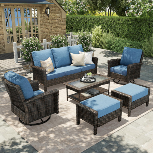 High Back Patio Furniture Set with Swivel Chairs, All Weather Outdoor Wicker Sofa Set, 6 Pieces Patio Conversation Sets with 5.5" Comfy Cushions for Lawn Deck Backyard, Navy Blue