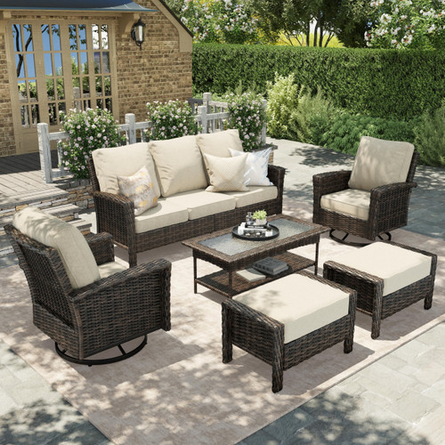 Patio Furniture Set with 35" High Back Swivel Chairs, Outdoor Wicker Conversation Sofa Sets, 5.5" Thick Cushions for Deck Lawn Poolside Backyard, Beige