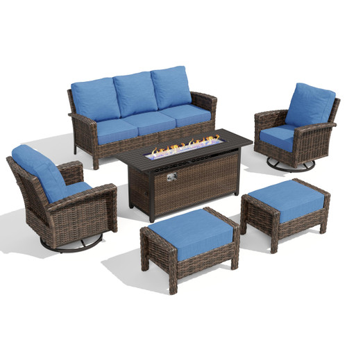 Wicker Patio Furniture Set, High Back Swivel Chairs with 5.5-Inch Thick Cushions, 6-Piece Outdoor Deep Seating Conversation Sets with Fire Pit Table & Ottomans for Deck Yard Garden, Blue