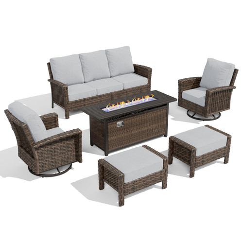 Grey Patio Furniture Set, High Back Wicker Sofa, Swivel Chairs with 5.5" Thick Cushions, 6-Piece Outdoor Seating Conversation Sets with Fire Pit Table & Ottomans for Deck Yard Garden