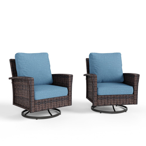 Outdoor Wicker Swivel Chairs with 5.5" Thick Cushions, 35" High Back Patio Chairs Set of 2, Deck Balcony Backyard Furniture, Navy Blue
