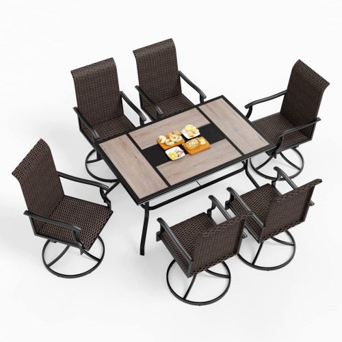 7 Pieces Patio Dining Set, Rattan Outdoor Furniture Set for 6, 6 x Swivel Dining Chair, 1 x Large Surface Wood Like Dining Table, All Weather Resistant for Lawn Garden Backyard Deck