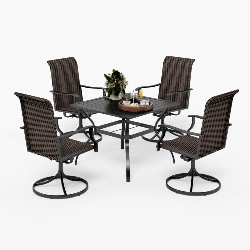 5 Pieces Patio Dining Set, Outdoor Dining Set for 4, 4 x Swivel Rattan Dining Chair, 1 x 37” Square Metal Dining Table, for Lawn Garden Backyard Deck
