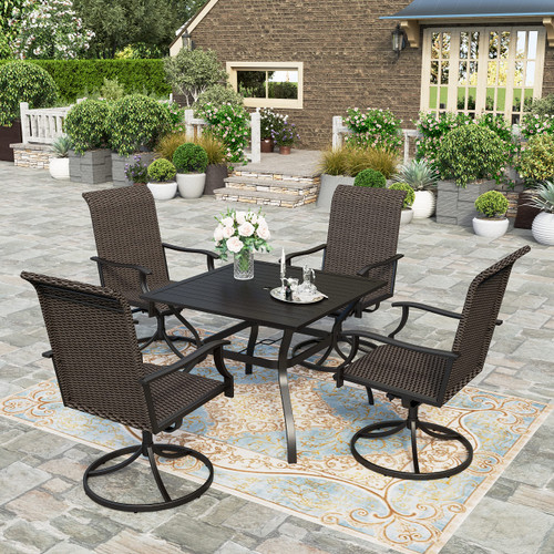 5 Pieces Patio Dining Set, Outdoor Dining Set for 4, 4 x Swivel Rattan Dining Chair, 1 x 37” Square Metal Dining Table, for Lawn Garden Backyard Deck