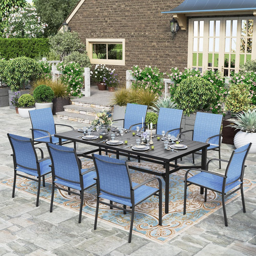 9 Pieces Outdoor Dining Set, Patio Table and Chairs Set for 8, 8 x Textilene Chairs and 1 x Large Rectangle Metal Table with Umbrella Hole for Deck Garden Backyard Lawn Poolside