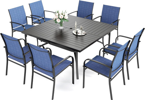 9 Pieces Patio Dining Sets, Outdoor Table and Chairs Set of 8, 8 x Blue Textilene Dining Chair, 60" Square Metal Dining Table with 1.57" Umbrella Hole for Lawn Garden Backyard Deck