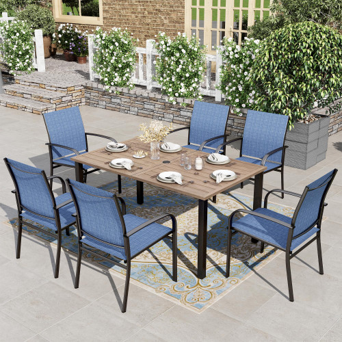 Patio Table and Chairs for 6, 7 Pieces Outdoor Deck Dining Sets, Wood-Like Rectangular Metal Table Set with Chairs for Lawn Garden Backyard, Blue