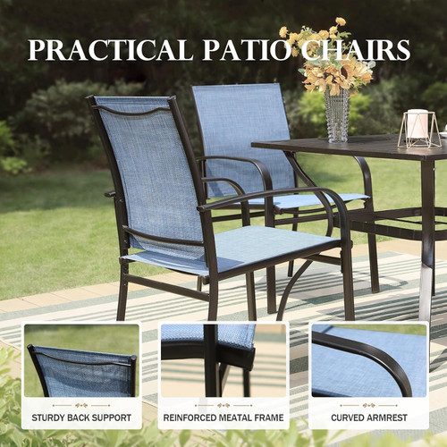 Outdoor Dining Set, Rectangle Metal Table with Double Umbrella Hole and 6 Armrest Chairs, Patio Table and Chairs for Backyard Garden Porch Deck (Blue)