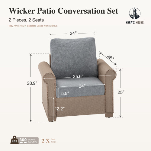 Patio Furniture Set, 2 Pieces Outdoor Wicker Chairs with Widened 5.9" Armrests and 5.5" Thick Waterproof Cushions, All Weather Conversation Set for Lawn Backyard Garden, Grey
