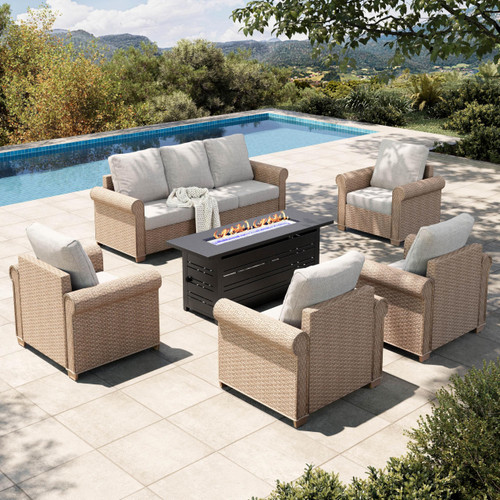 6-Piece Patio Furniture Set, All Weather 7 Seats Outdoor Wicker Sofa with 57" Fire Pit Table, 5.5" Thick Waterproof Cushion Conversation Couch Set for Garden Deck Backyard, Beige